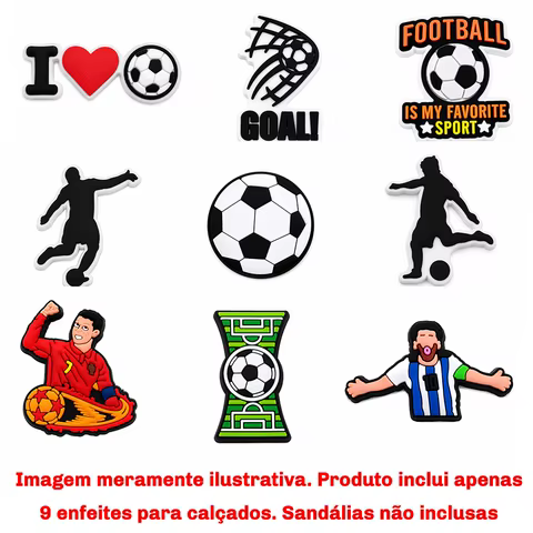 9 Peças de Enfeites de Futebol para Calçados, Acessórios Decorativos para Sandálias, DIY, Presente Infantil, Envio do Brasil