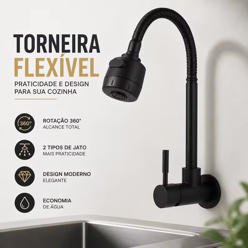 Torneira de Cozinha de Parede Preta Flexível com Duplo Jato em Cone 1/4 de Volta