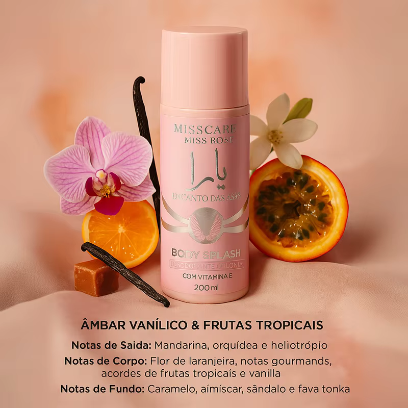 Body Splash Feminino Encanto das Asas 200ml – Miss Care by Miss Rôse · Desodorante com Vitamina E · Inspiração Árabe Yar a