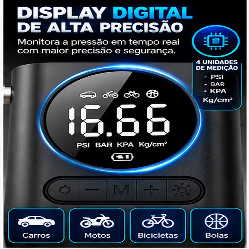 Calibrador Compressor Pneu Digital Carro Bike Moto Sem Fio 2000mAh com Visor Digital e Lanterna Integrada Portátil e Compacto