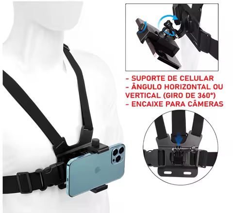Suporte de peito ajustável para celular e câmera GoPro no peito para motocicleta e bicicleta - Neverdie Store