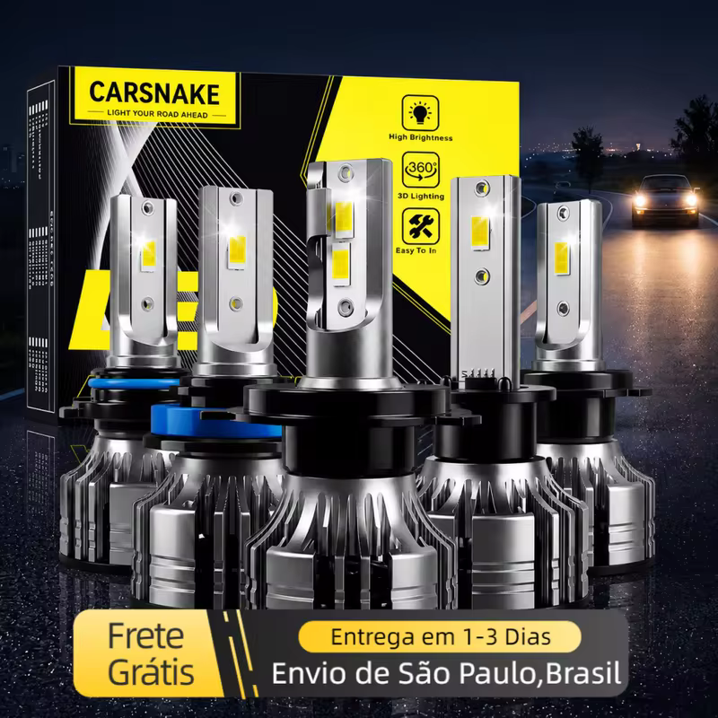 Lâmpada LED Automotiva Carsnake CK2 para Farol H1 H4 H7 H11 HB3 HB4 6000K 30000LM 110W Luz Branca IP68 12V Kit com 2 Peças
