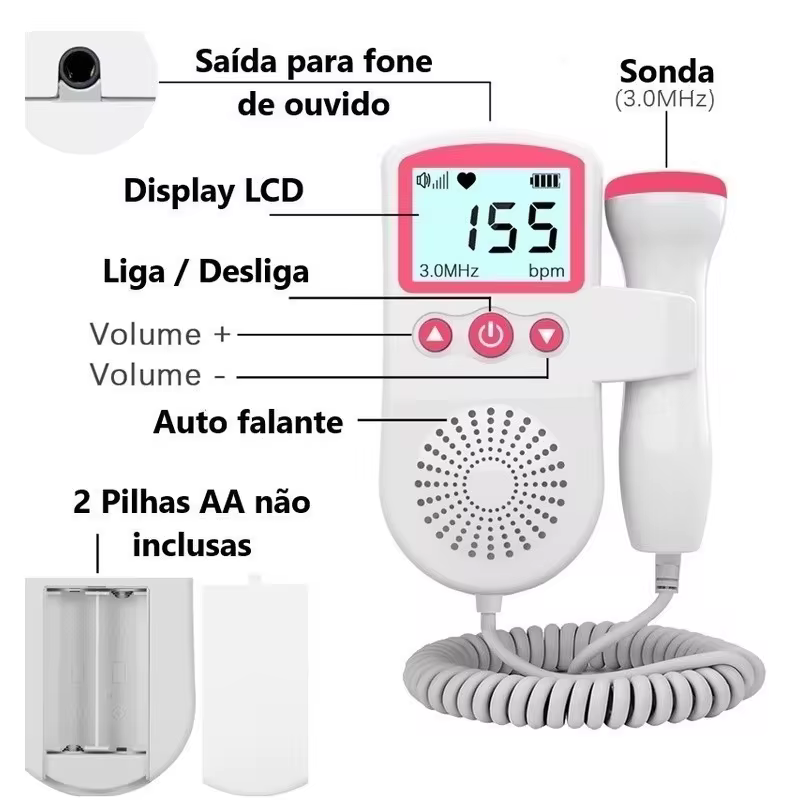 Doppler Ultrassom para Feto - Monitor para Ouvir Batimentos Cardíacos do Bebê