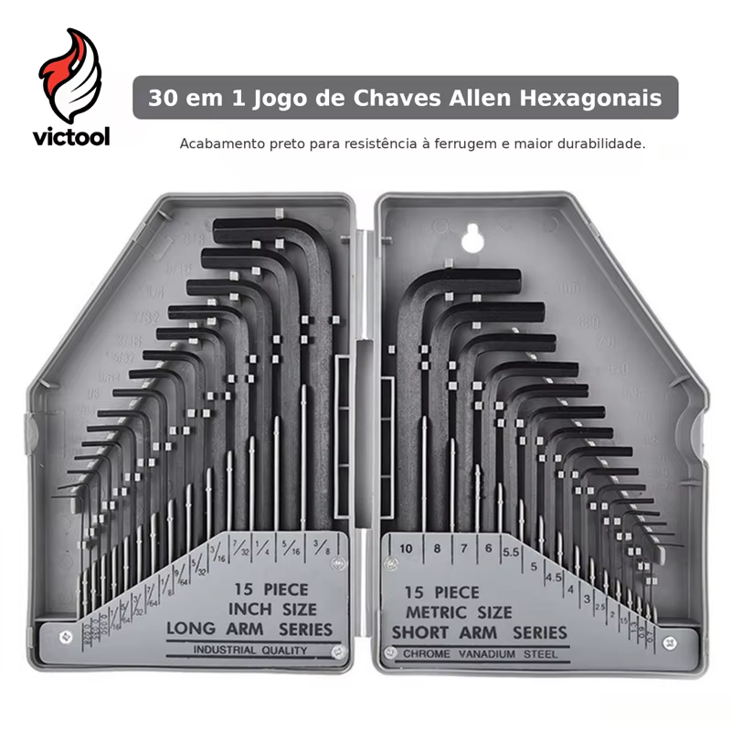 Conjunto de 30 peças de chaves combinadas Allen, chaves hexagonais e chaves de boca, SAE e métricas, 0,028-3/8" 0,7-10 mm, aço Cr-V, braço longo e curto, ferramenta para mecânicos.