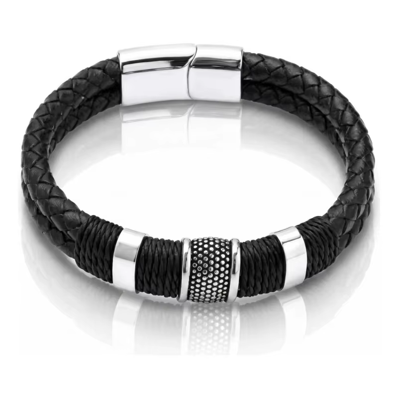 Pulseira Masculina Couro Grossa Fecho Magnético Executiva Pingente Homem