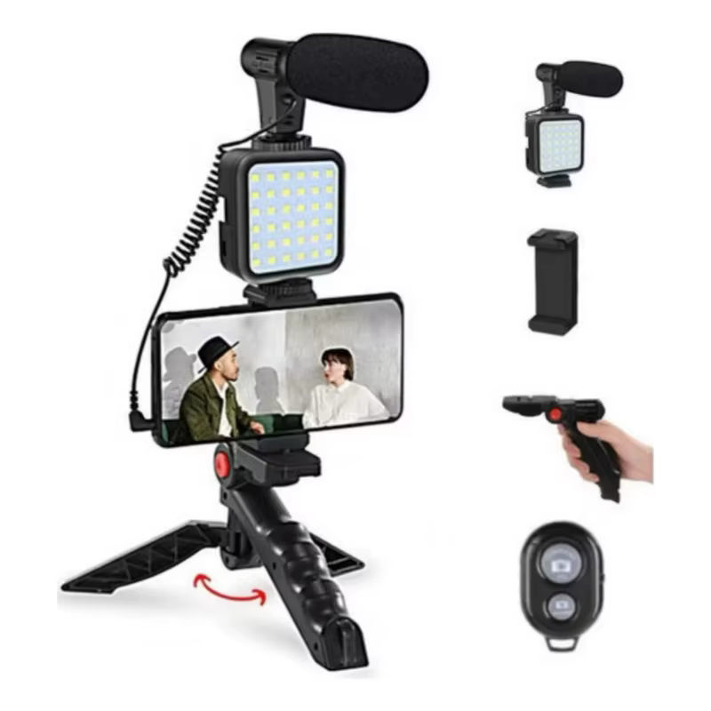 Kit Youtuber Tripe Vlog Live Suporte Celular Led com Microfone Fazer Vídeos
