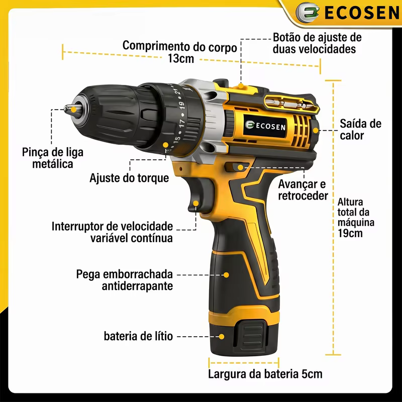 Furadeira Sem Fio 12V 3900mAh com 2 Baterias, Carregador Bivolt 110/220V, Kit Completo de Brocas e Bits