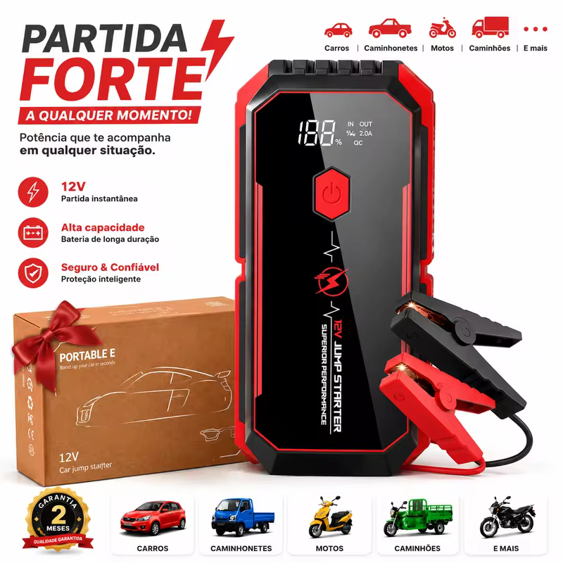 Auxiliar de Partida Portátil Veicular 12V - Jump Starter com Lanterna LED, Carregador USB e Pinça Inteligente