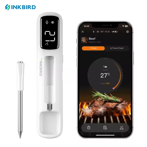 Termômetro de Carne Sem Fio INKBIRD INT-11I-B, Bluetooth 5.4, Alcance de 1000ft, Resposta em 1s, IP67, 26 Predefinições, Display LED, para Churrasco/Grelhados