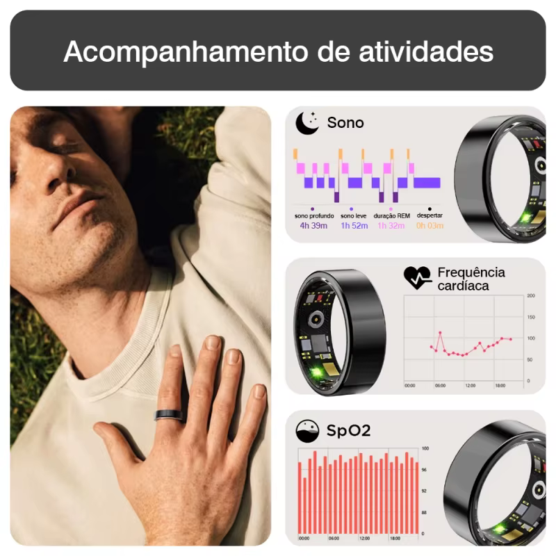 Smart Ring Anel Inteligente Wearable Saúde Sono Monitoramento IP68 À Prova D'água Compatível Android iOS