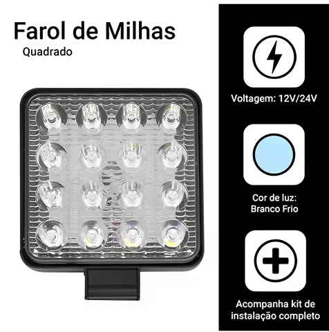 Kit Farol Milha 16 Leds 48w 12v/24v Quadrado Off Road 6000-6500k - Neverdie Store