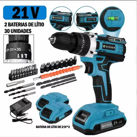Furadeira Parafusadeira de Impacto 3 em 1 21V Sem Fio com 2 Baterias, Kit Completo para Madeira e Concreto