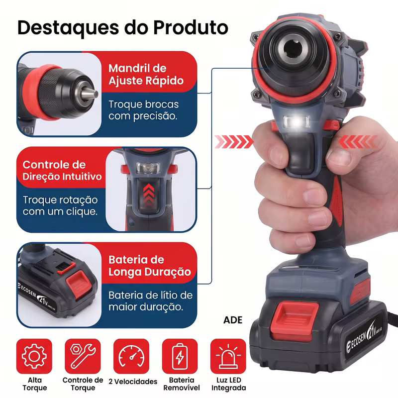 Furadeira Parafusadeira Sem Escovas 21V 85N.m Com 2 Baterias, Kit Completo Com Acessórios E Carregador Bivolt