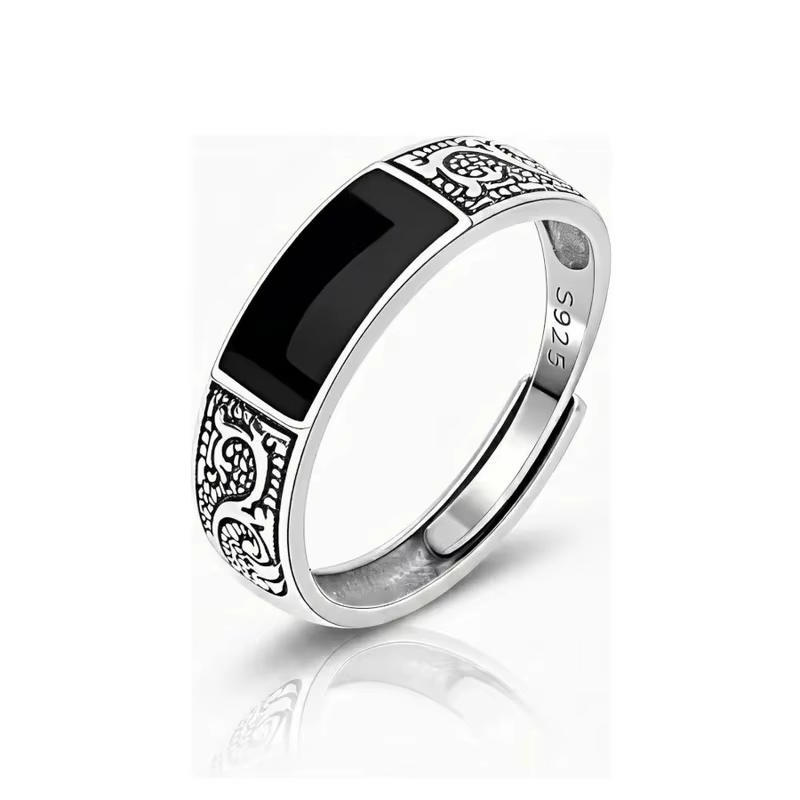 Anel Ajustável Masculino Dragão Esmaltado Banhado Prata 925