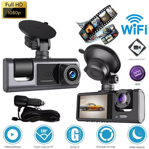 Câmera de Carro Dupla 1080P Dianteira e Traseira com Conexão Wi-Fi, Gravação em HD para Segurança Veicular