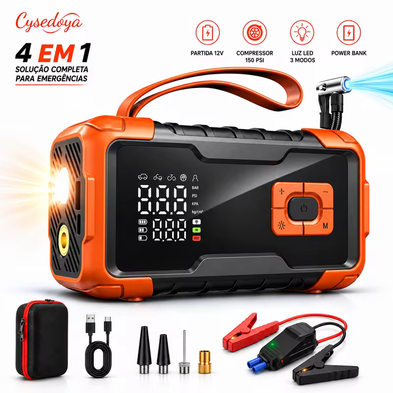 Auxiliar de partida automotivo portátil com Compressor de Ar Portátil 150 PSI, Carregador de Bateria e Calibrador de Pneus