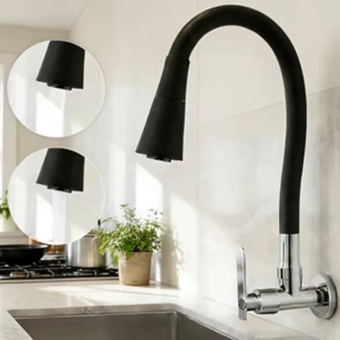 Torneia De Parede Preta Para Cozinha, 2 Funções, Bola Flexível, Controle De Água