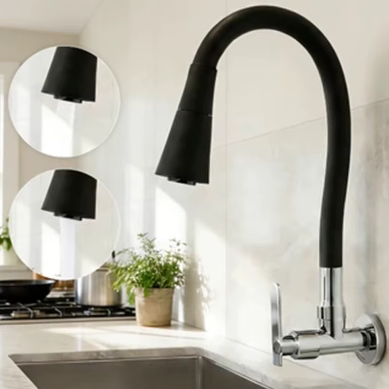Torneia De Parede Preta Para Cozinha, 2 Funções, Bola Flexível, Controle De Água