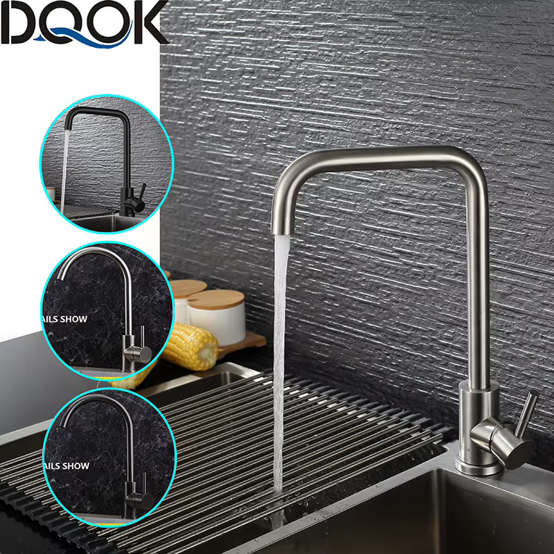 Dqok preto torneiras de cozinha misturador de cozinha de aço inoxidável único punho único furo torneira da cozinha escovado níquel misturador pia