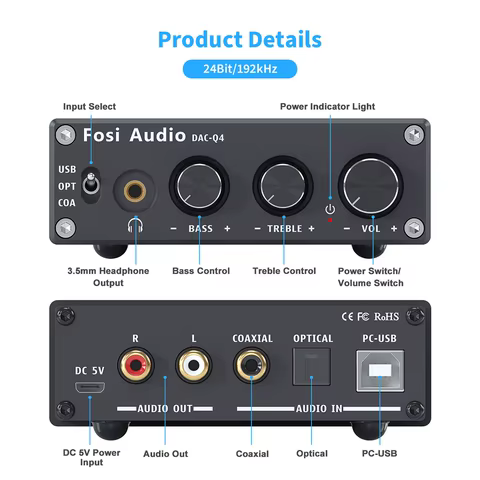 Fosi audio q4 mini estéreo usb gaming dac & amplificador de fone de ouvido adaptador conversor de áudio para casa/desktop alimentado/alto-falantes ativos