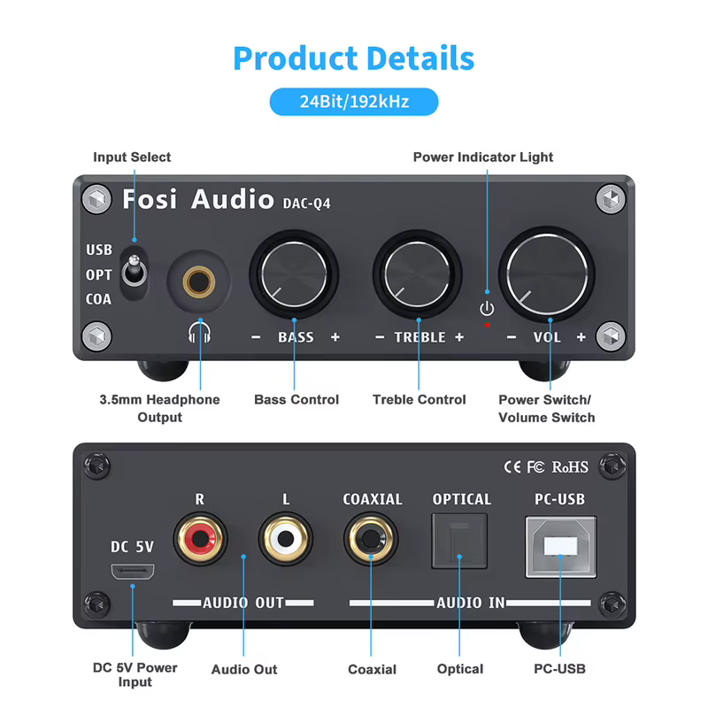 Fosi audio q4 mini estéreo usb gaming dac & amplificador de fone de ouvido adaptador conversor de áudio para casa/desktop alimentado/alto-falantes ativos