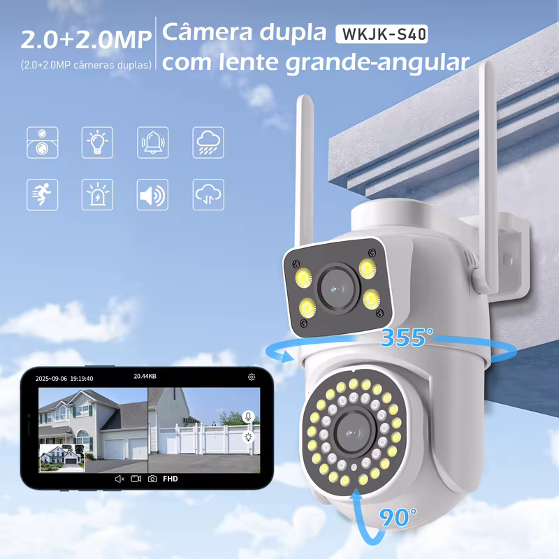 Câmera de Segurança WiFi 2.0MP Dupla Lente, Visão Noturna AI Rastreamento Humano, Câmera Vigilância para Casa IP66 2.0mm
