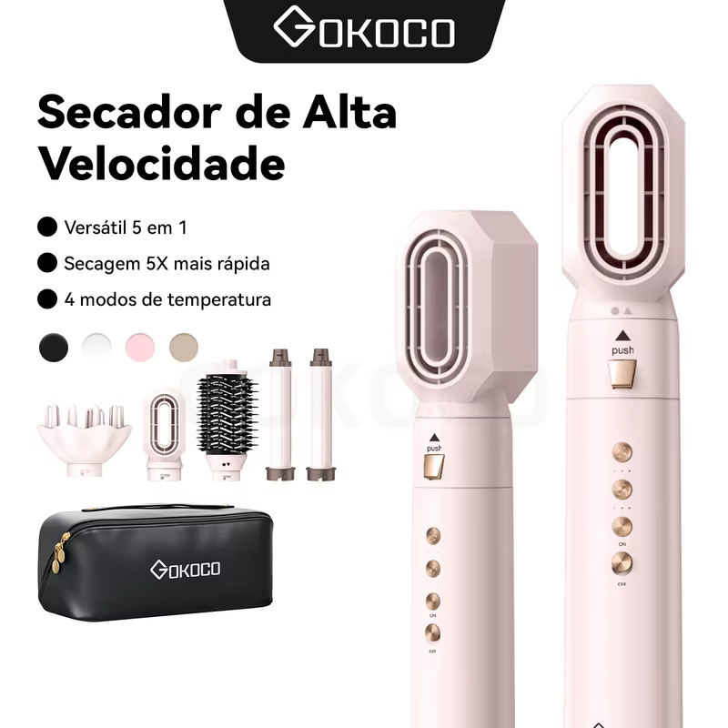GOKOCO Escova Secadora 5 Em 1 Conjunto De Secador De Cabelo Multifuncional De Alta Velocidade Dupla voltagem 110V-240V Modelador de cachos (para dentro e para fora), escova alisadora, difusor