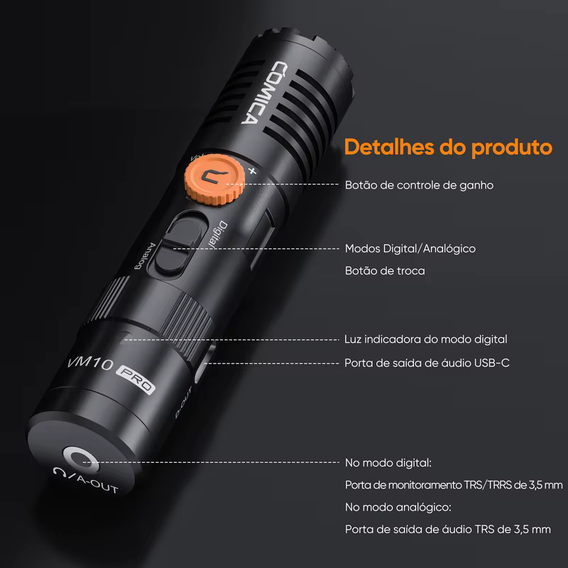 Microfone de vídeo COMICA VM10 PRO para câmera - Ganho ajustável saída digital USB-C microfone shotgun para monitoramento em c
