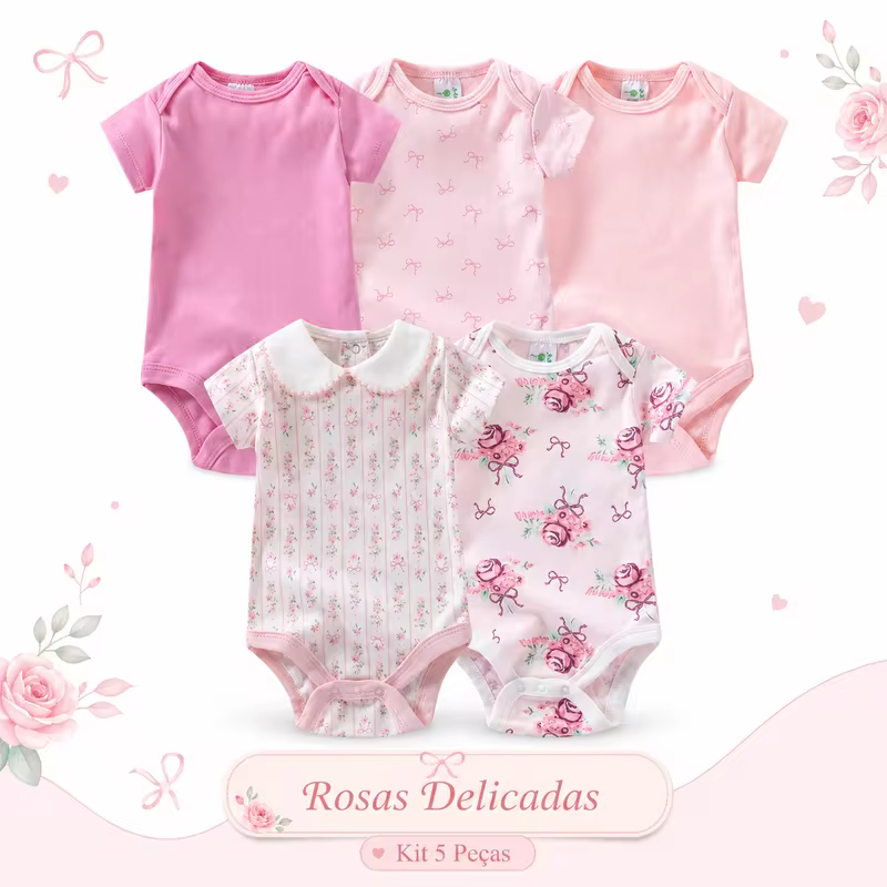 Kit 5 Bodies para Bebê Menina, Manga Curta, Estampa de Rosas e Laços, Cores Rosa e Branco