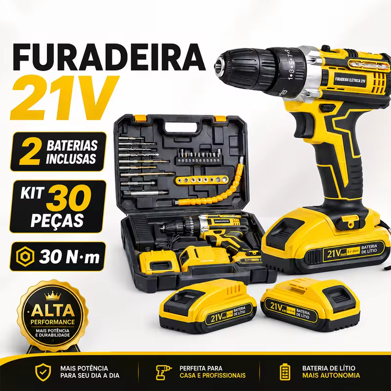 Furadeira Sem Fio 21V, Chave de Fenda Elétrica 30Nm, Kit de Ferramentas com 2 Baterias de Lítio, 30 Peças de Brocas, Conjunto de Ferramentas Elétricas de Lítio