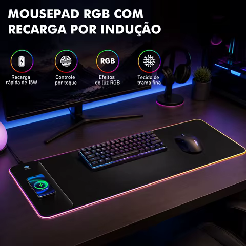 Mousepad RGB com Carregador Sem Fio 15W Recarga por Indução Tamanho 80x30cm 17 Modos de Luz Toque Superfície Tecido Fino