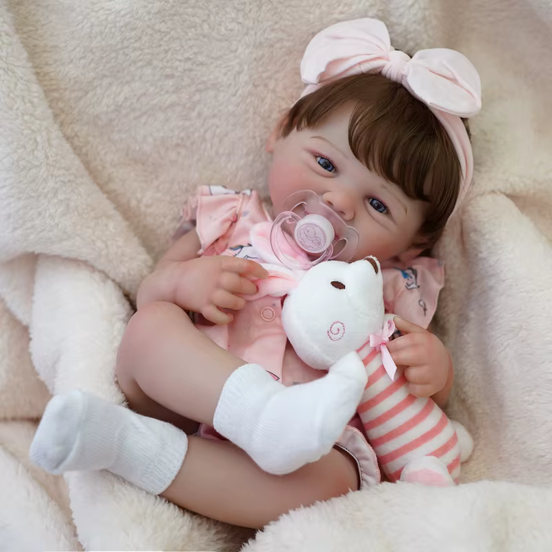 BRASTOY Boneca Bebê Reborn Menina Pintada Realista 48cm com Olhos Azuis Corpo de Silicone,Enviado do Brasil