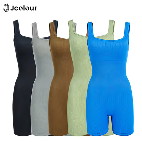 Macacão de yoga feminino sem mangas com tecido canelado e modelagem, Roupa de fitness curta, Novo tecido opaco, confortável