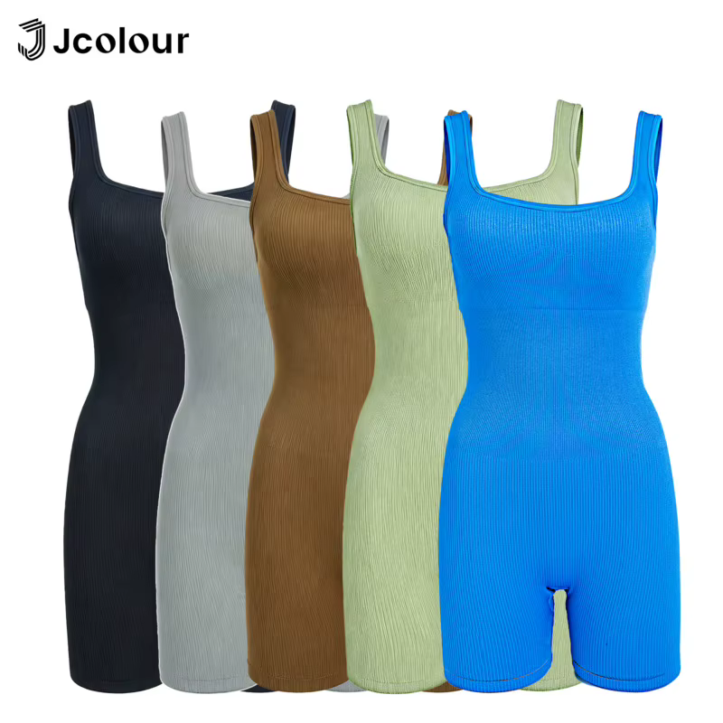 Macacão de yoga feminino sem mangas com tecido canelado e modelagem, Roupa de fitness curta, Novo tecido opaco, confortável