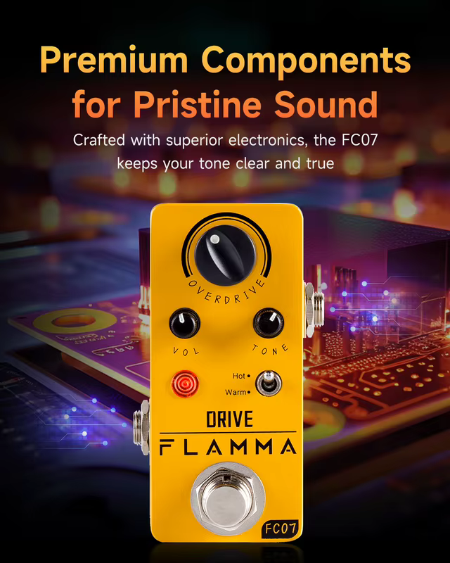 Flamma fc07 pedal de efeitos overdrive de guitarra, efeito overdrive vintage, modos quentes/quentes, pedal de guitarra overdrive analógico, true bypass