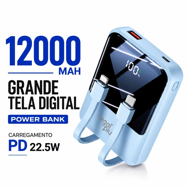 Power Bank 12000mAh Com 2 Cabos Integrados Display Digital Carga Rápida PD 22.5W Bateria Portátil Leve