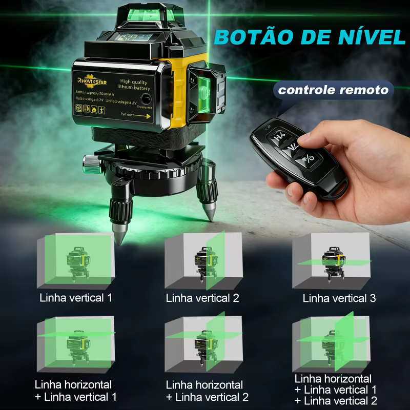 Nível a Laser RhovixStar 16 Linhas Profissional Super Potente Linhas Verdes Controle Remoto Modo Pulsado