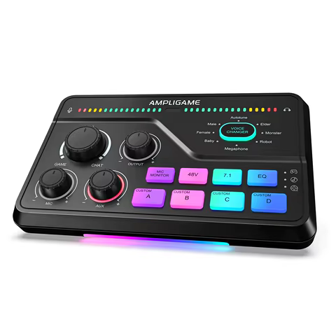 FIFINE Mixer de jogos com RGB para chat de voz / streaming / podcast, Mixer de áudio USB com pré-amplificador de microfone XLR, mudador de voz, 3 modos de EQ-SC8