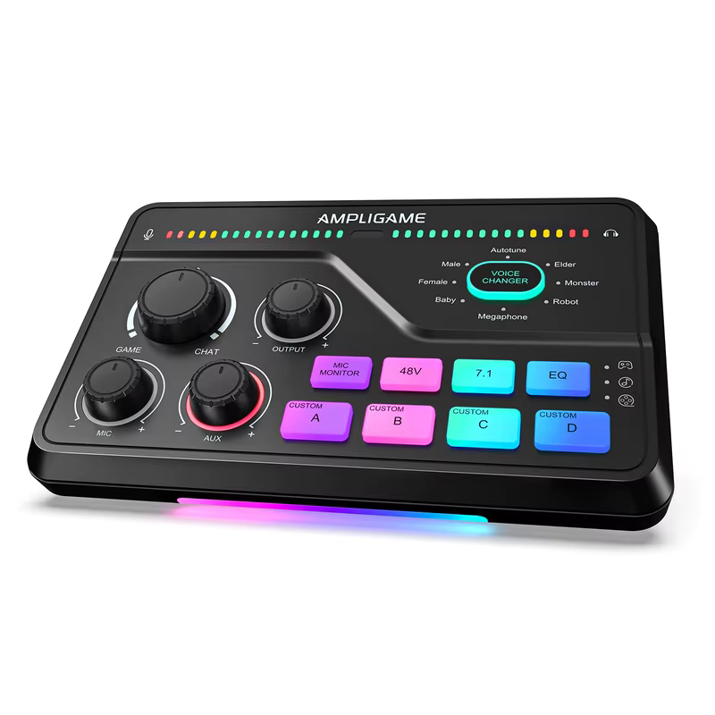 FIFINE Mixer de jogos com RGB para chat de voz / streaming / podcast, Mixer de áudio USB com pré-amplificador de microfone XLR, mudador de voz, 3 modos de EQ-SC8