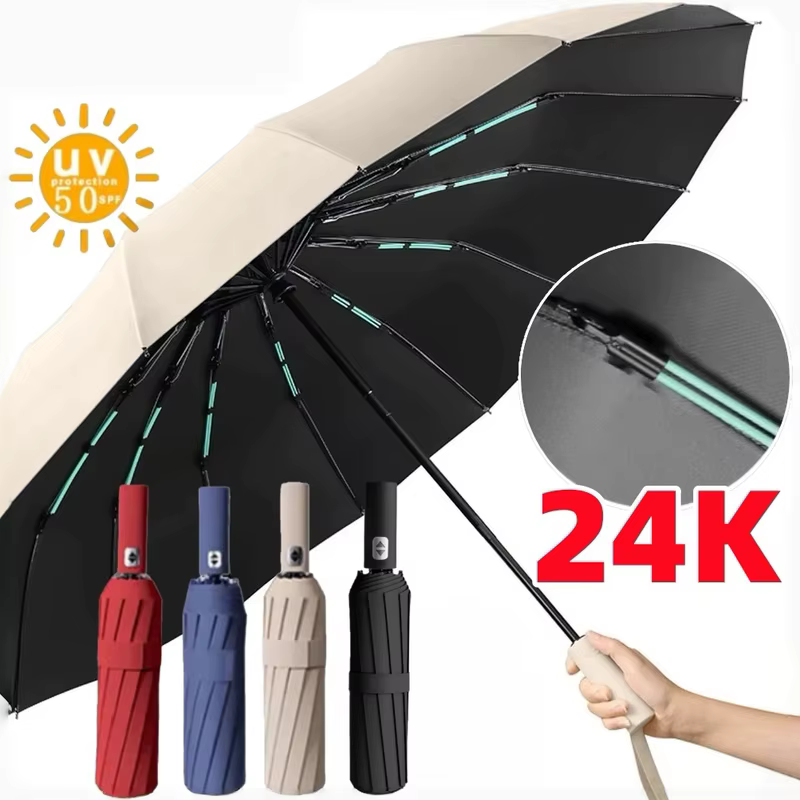 24 Ossos Guarda Chuva Automático Dobrável Durável Reforçado Contra Vento Proteção Solar Blackout
