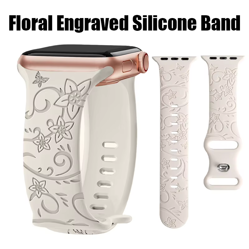 Pulseiras Gravadas com Flores para Apple Watch 49mm 46mm 45mm 44mm 42mm 40mm iWatch Série 12 11 10 9 8 7 6 SE Ultra