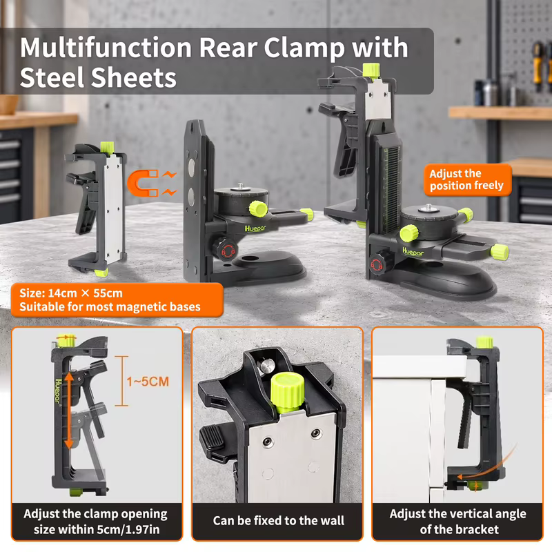 Huepar-Multifuncional Fine Tuning Bracket Laser Level Adapter, Base Pivotante Magnética com Clipe Ajustável, Ferramenta Ajustável 360 °