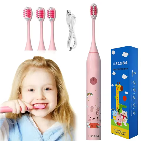 Escova de Dentes Elétrica para Crianças com 4 Cabeças Recarregáveis, Presente Prático para Pais e Cuidados Diários Saudáveis