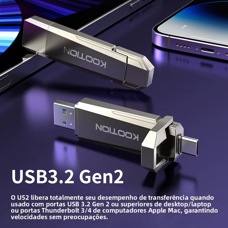 KOOTION U52 Tipo C USB 3.2 Unidade Flash externa de estado sólido 1 TB 512 GB 256 GB Pendrive portátil para PC Laptop iPhone 16 Tablet