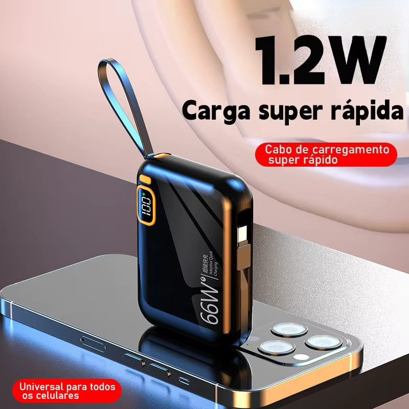 Power Bank 12000mAh Portátil com Carregamento Rápido e Cabo Integrado, 2 Saídas USB para Celular, Ideal para Viagens