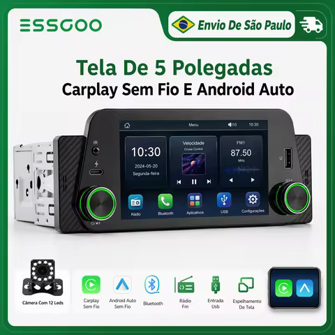 ESSGOO Rádio de Carro 5'' com CarPlay Sem Fio e Android Auto, Player Multimídia Universal 1 Din, Bluetooth, MirrorLink, Receptor FM