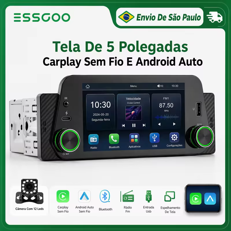 ESSGOO Rádio de Carro 5'' com CarPlay Sem Fio e Android Auto, Player Multimídia Universal 1 Din, Bluetooth, MirrorLink, Receptor FM