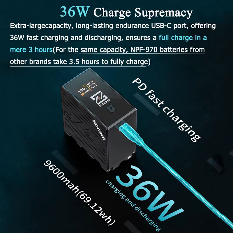 【Do Brasil】Bateria ZGCINE NP-F970 9600mAh PD 36W D-TAP USB-C OLED para Câmera Monitor Sony FX3 FX30 A7IV A7SIII Canon R5 R6