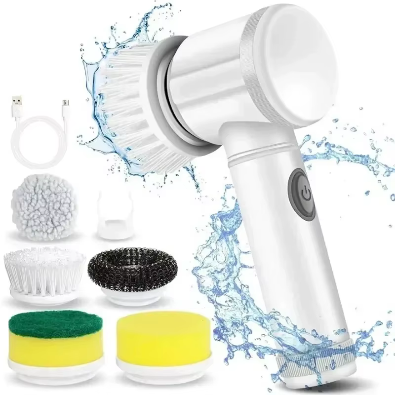 Nova Escova Elétrica Sem Fio Recarregável 5 em 1 com Cabeçotes para Limpeza Profunda de Banheiro, Cozinha, Azulejos, Rejuntes, Chuveiro e Carro