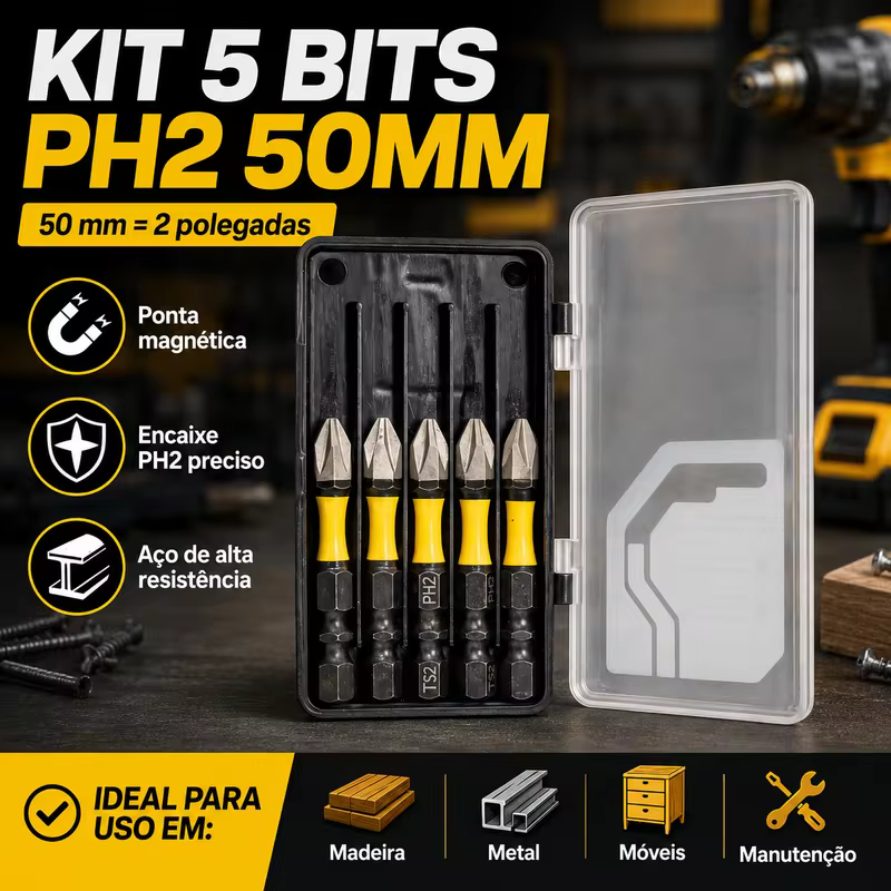 Conjunto de 5 Pontas Magnéticas PH2 Phillips de 50mm (2 pol.) para Parafusadeira de Impacto com Estojo de Armazenamento para Madeira, Metal e Móveis